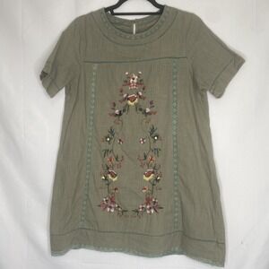 Umgee Floral Embroidered Green Short Sleeve‎ Boho Dress Womens M